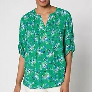 Joan Rivers Blouse Small Emerald Floral Georgette Split V-Neck Pintuck A693717